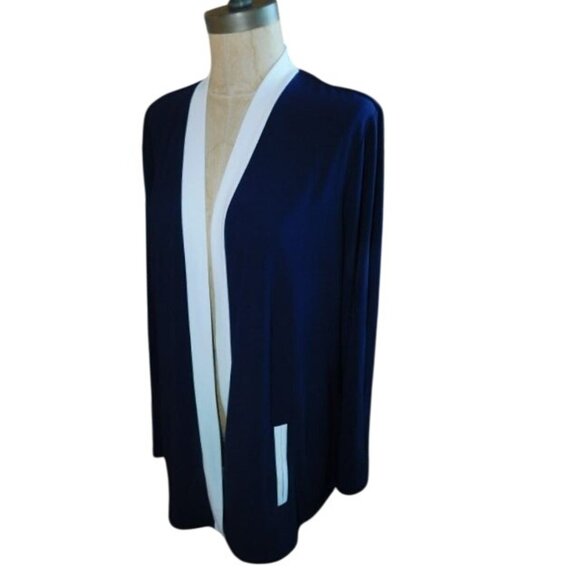 Susan Graver Size L Large Navy Blue White Slinky Stretchy Top - Picture 2 of 2